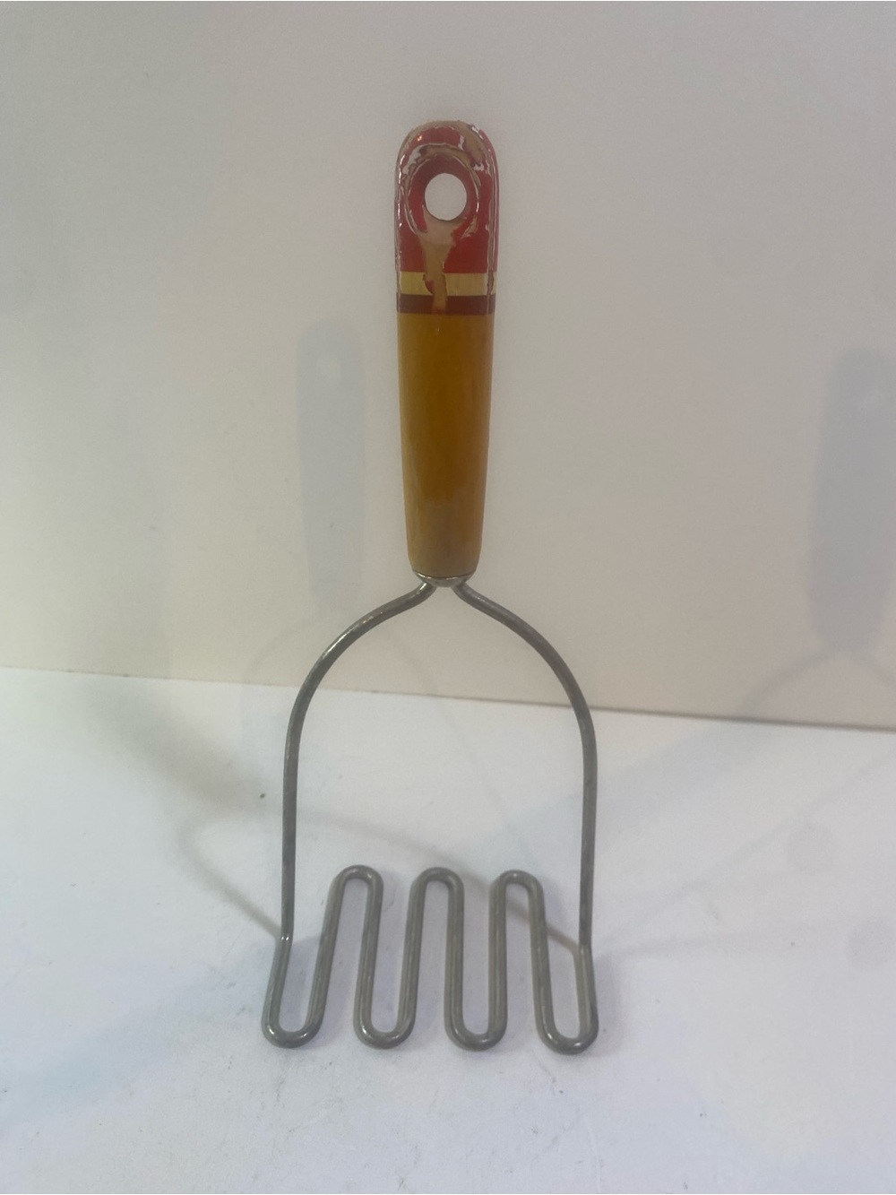 Vintage Wooden Striped Handle Potato Masher Chips On Paint